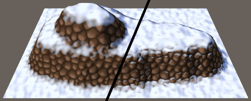 Left: vertex normals / Right: normal map You can see that the rocks get a bit of snow on them when the normal map is used.